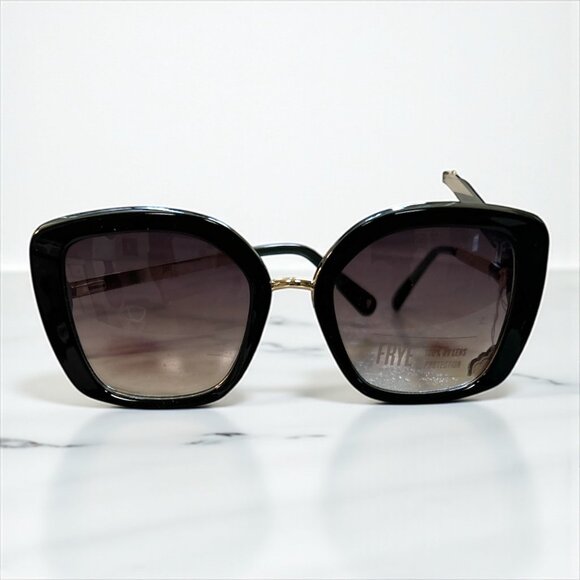 Frye Black Gold Oversized Square Sunglasses Cat Eye Designer UV Protection New - Picture 1 of 5